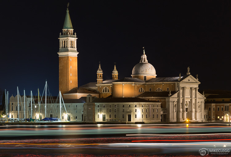 Light trails in Venice at night caused by boats