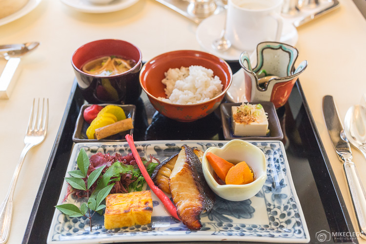 Traditional Japanese Breakfast with Grilled fish, vegetables, miso soup and rice