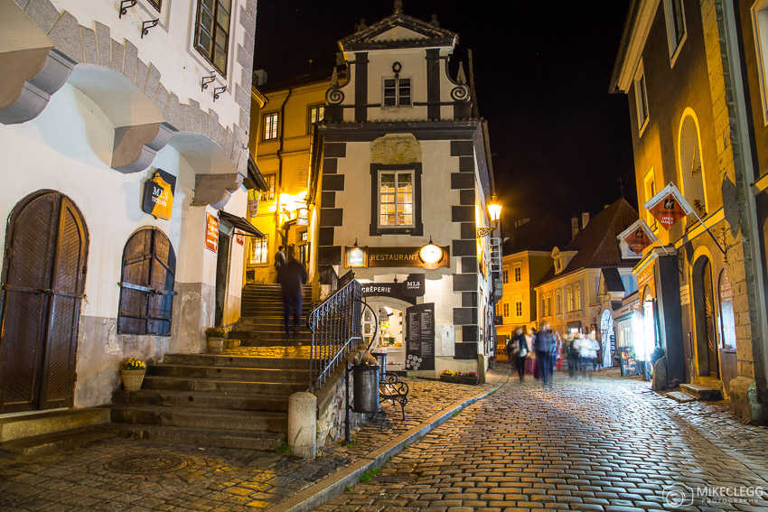 Buildings along Latrán, Cesky Krumlov at night