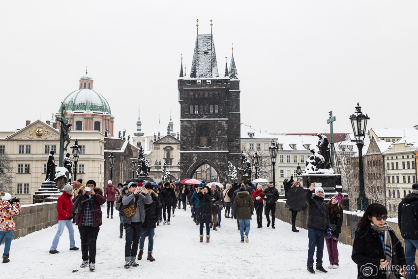 Charles Bridge in the winter and snow