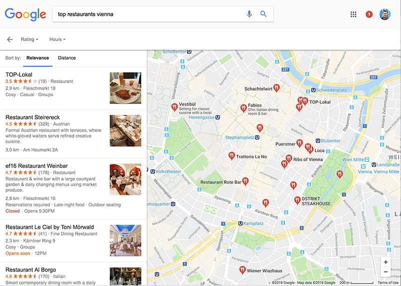 Finding restaurants using Google Maps