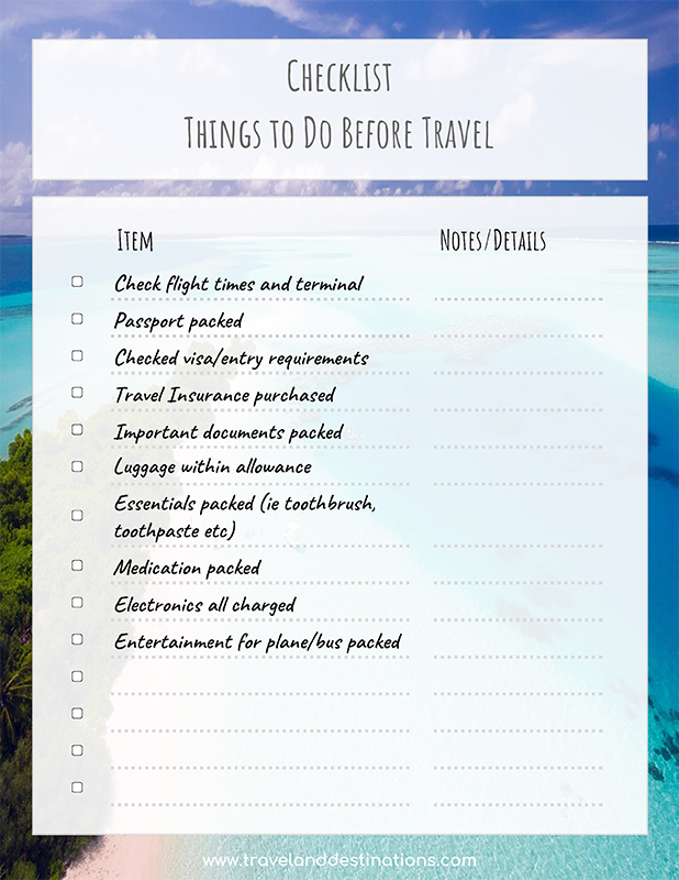 Example screenshot of checklist - Things to do before travel