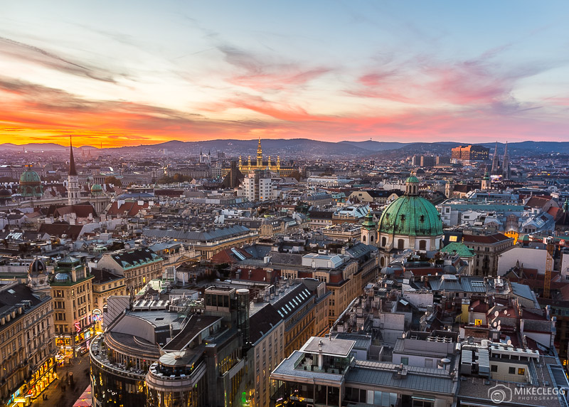 View from Stephansdom in Vienna at sunset
