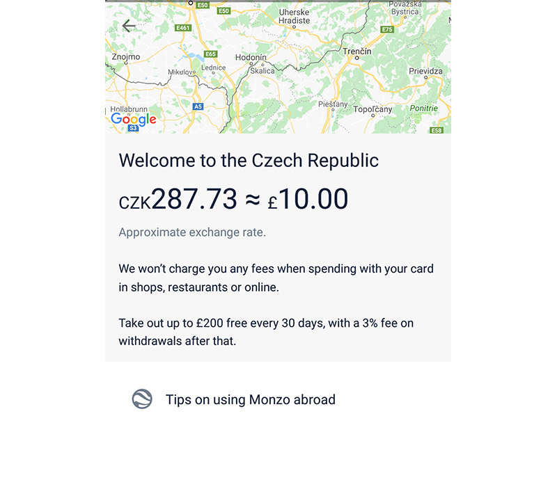 Monzo country welcome screen