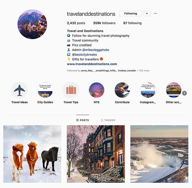 @travelanddestinations - Instagram hub profile screenshot