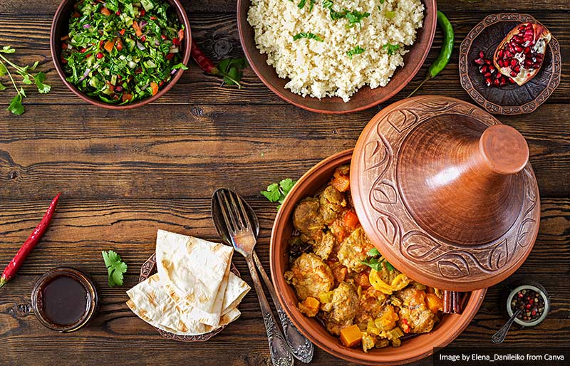 Traditional tagine dishes, couscous and fresh salad