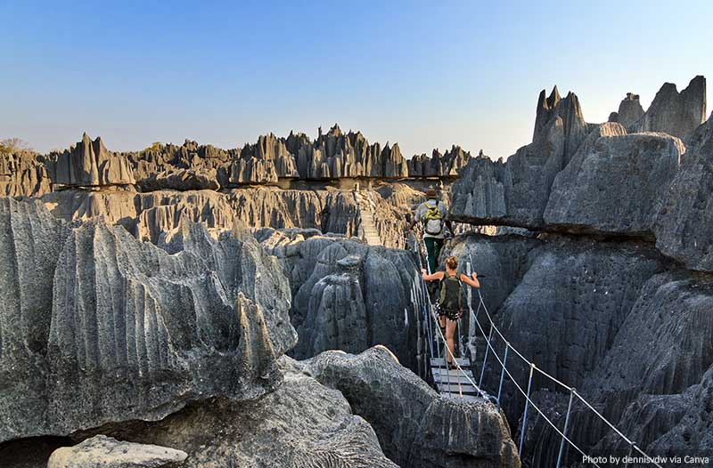 Limestone formations and bridge at Tsingy