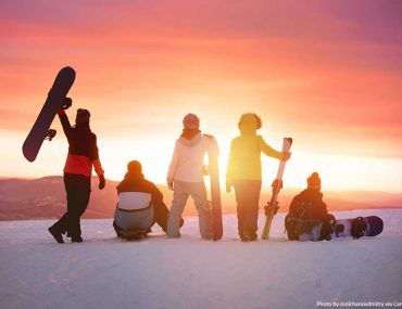 Group of happy friends at a ski resort