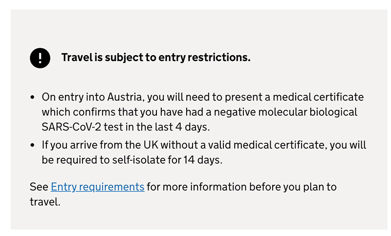 Travel advice screenshot from UK Gov - Austria Example