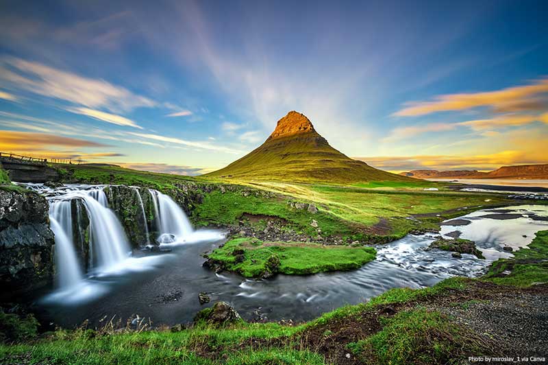 Kirkjufellsfoss Waterfall and Kirkjufell mountain in Iceland