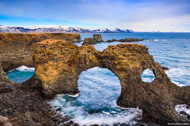 The natural rock gate in Arnarstapi, Snafellsnes peninsula, Iceland