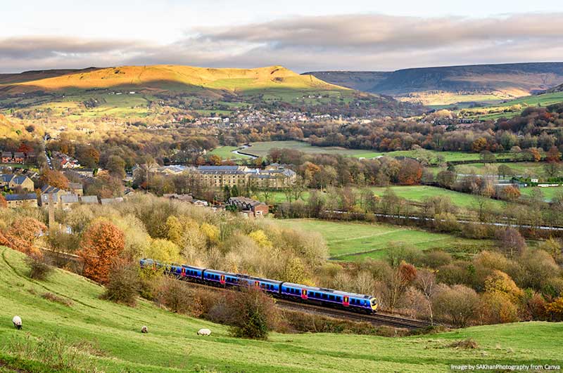 Trains in England with the countryside