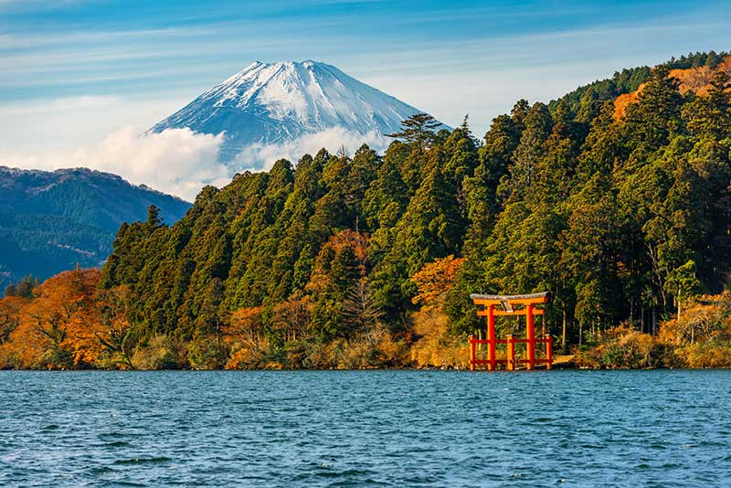 Mount Fuji from Lake Ashinoko and showing Hakone Shrine