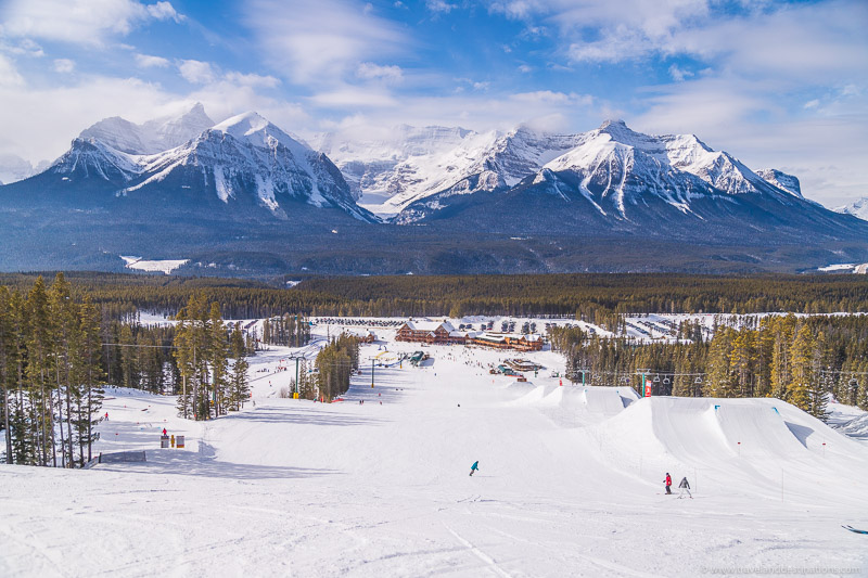 Bottom of a ski resort - Lake Louise and mountains