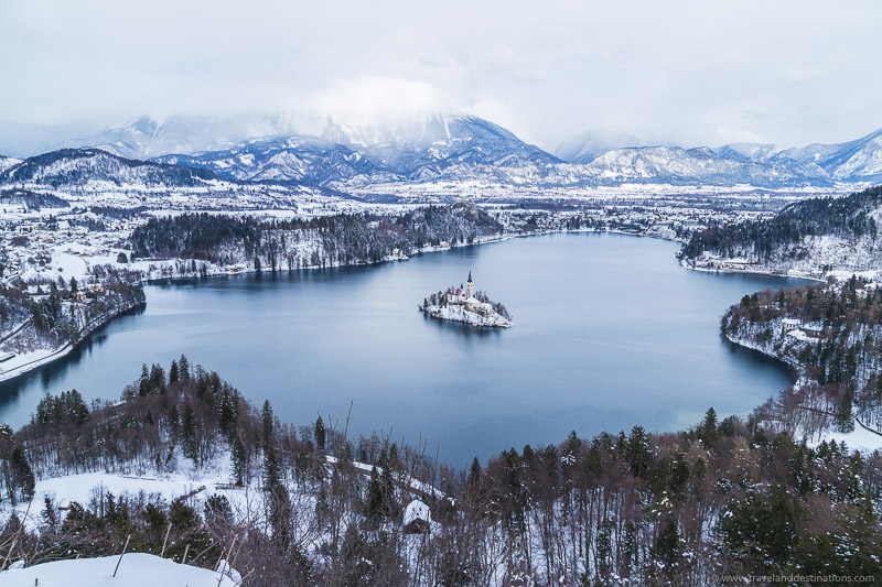 Lake Bled in the winter with snow