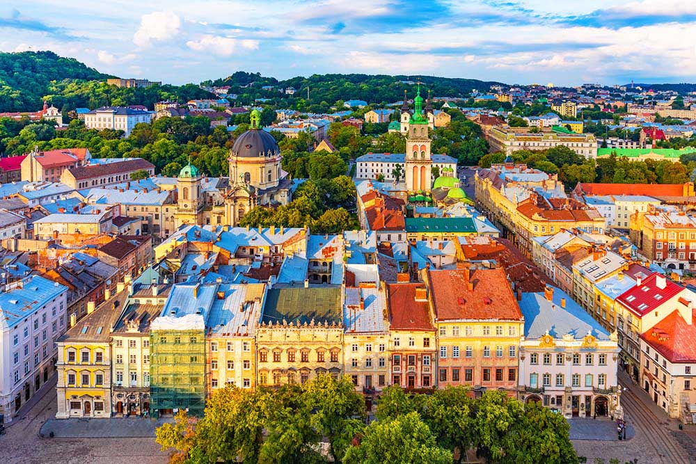Skyline view of Old Town Lviv