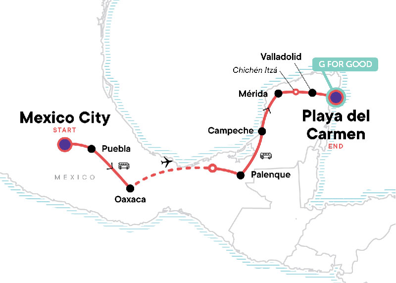 Map showing Mexico Itinerary - From G Adventures
