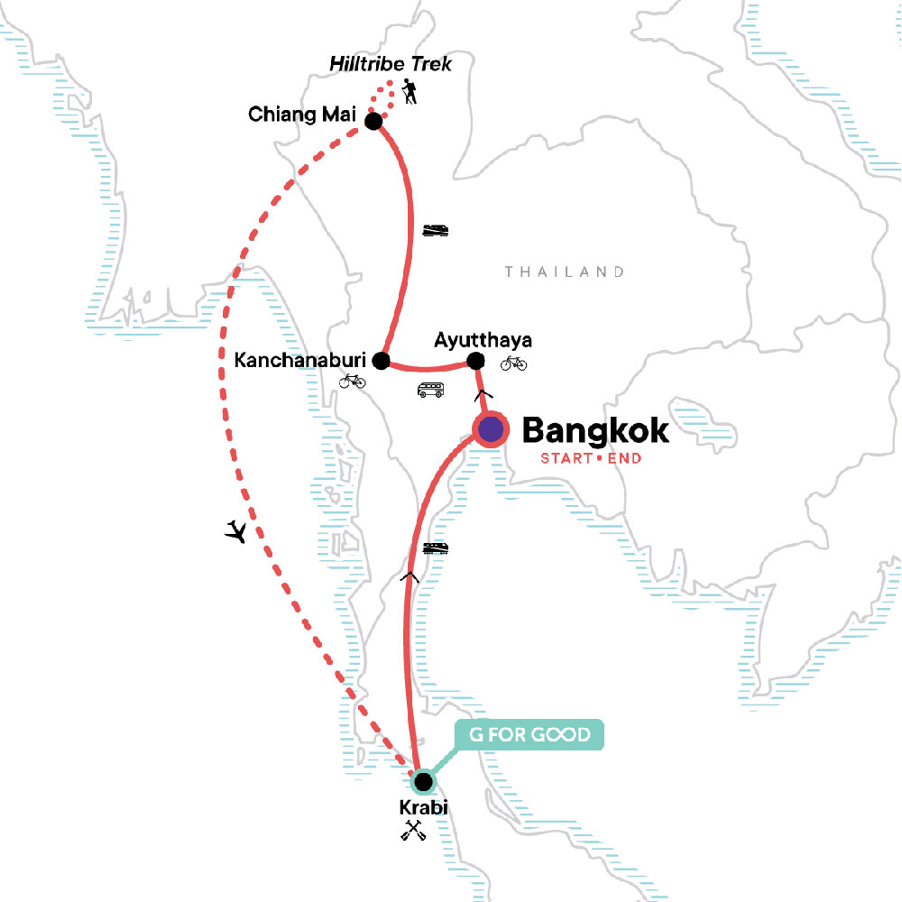 Map showing Thailand itinerary - From G Adventures