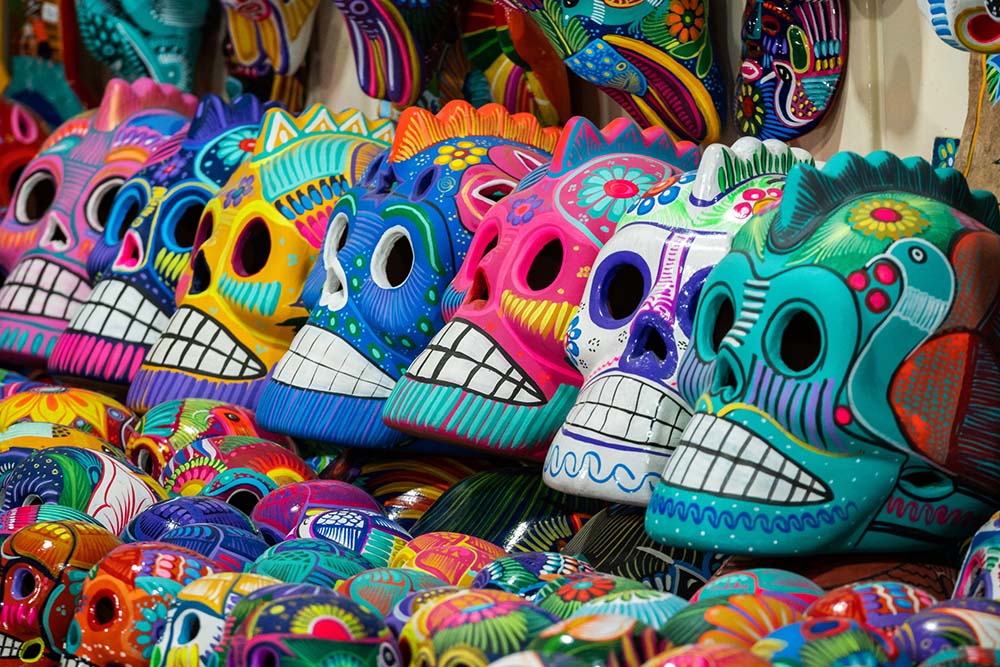 Painted skulls at market in Mexico