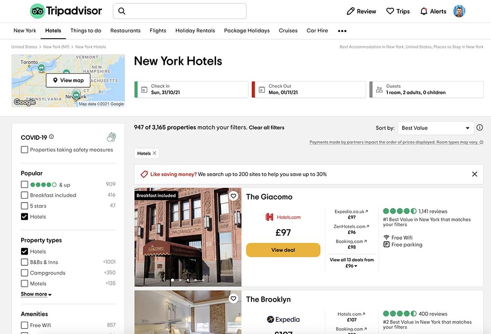 Tripadvisor hotel search screenshot