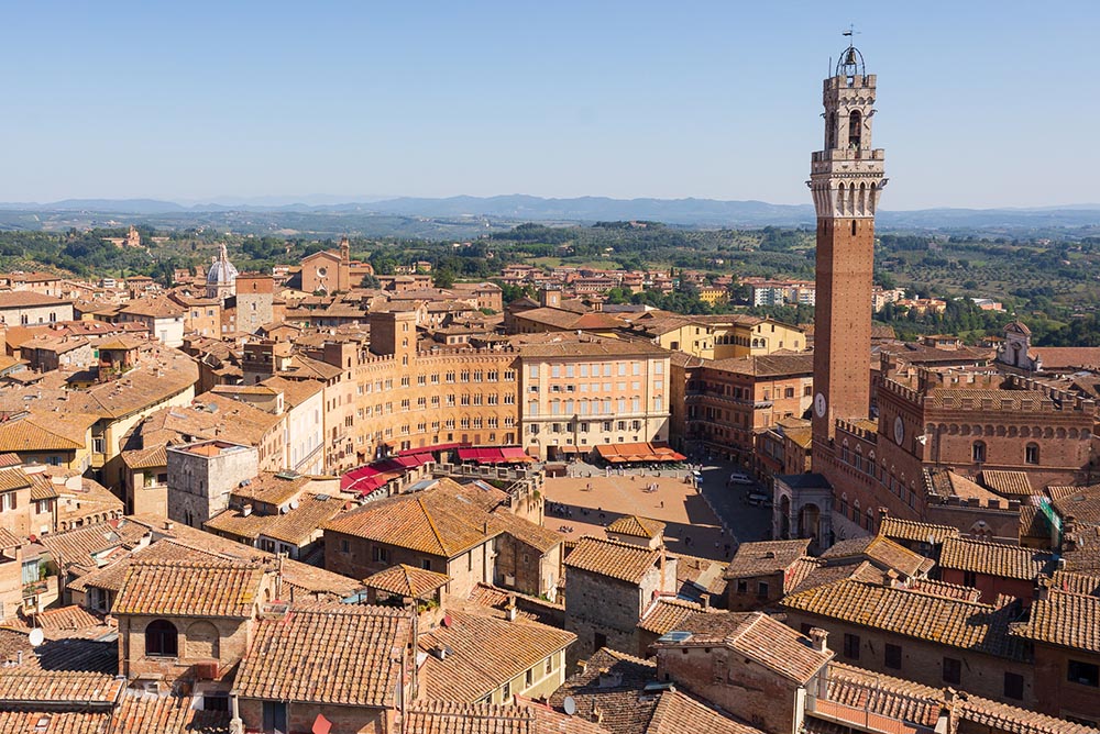 Aerial view around Piazza del Campo with Torre del Mangia