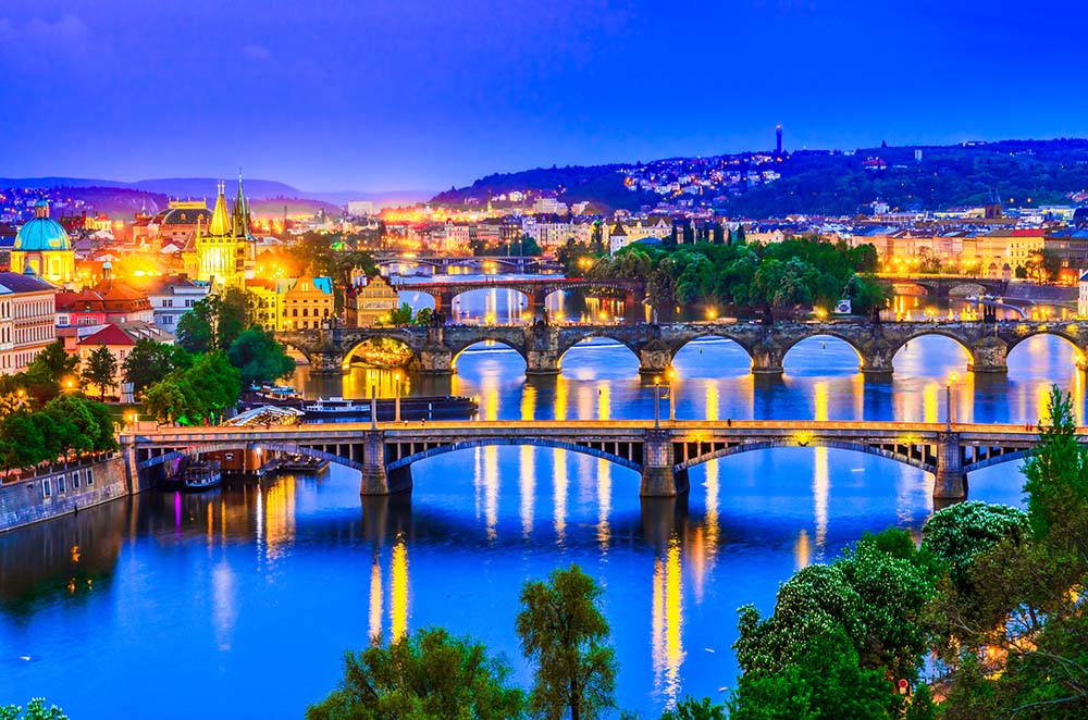 Vltava river in Prague at night
