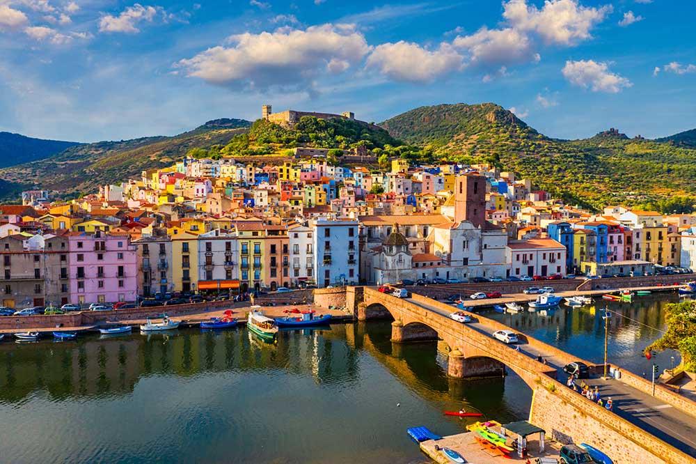 Aerial view of the beautiful village of Bosa with colourful buildings